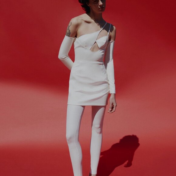 NEW Ceren Ocak Cut Out Mini Dress White Long Sleeve Cutout leather off shoulder - Picture 5 of 8